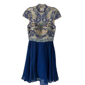 SHERRI HILL Blue Nude Beaded Skater Cocktail Dress Size 4